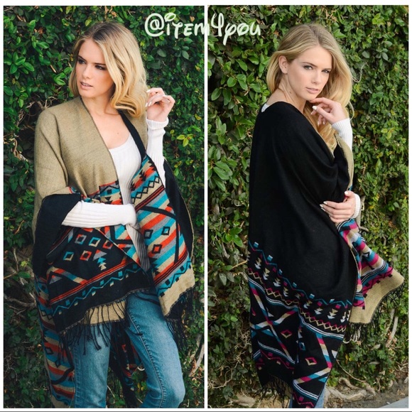 Sweaters - JUST IN beige black Reversible Tassel Poncho